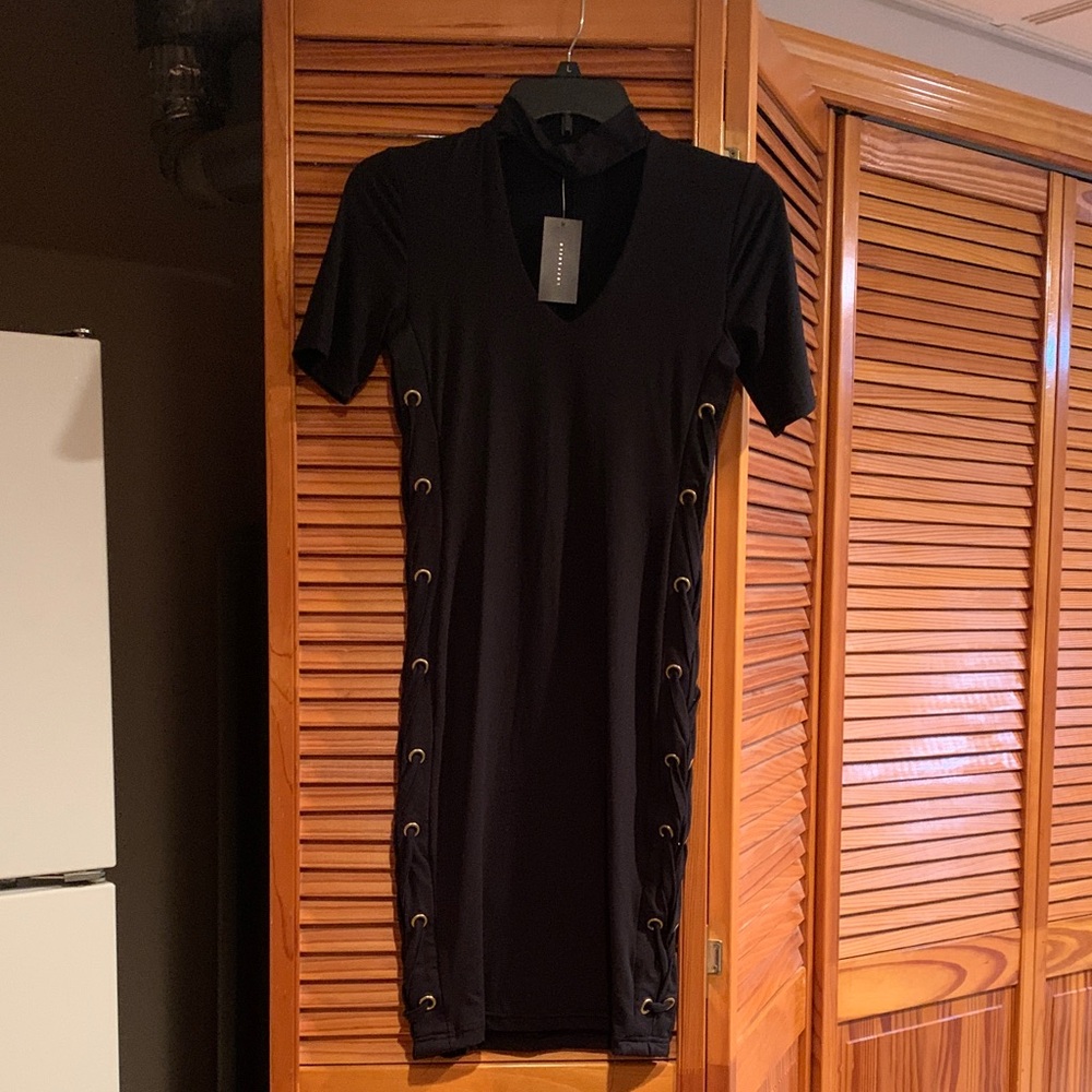 Suzy Shier Black Mini Dress with Side Eyelets